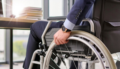 Obraz premium Extreme close-up of a businessman in wheelchair with hand on wheel and office interior on background. Man with disabilities at workplace, concept. Generative Ai. 