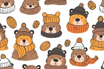 Fototapeta premium Bear Parade: Adorable Cartoon Bears in Hats,Bear Hats Galore: Playful Cartoon Bear Designs
