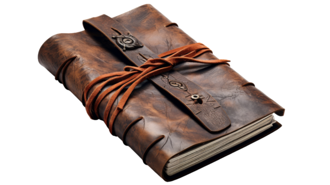 A brown leather journal adorned with a delicate knot, symbolizing creativity and knowledge