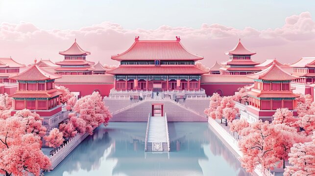 A beautiful pink Chinese palace with cherry blossom trees and a lake.