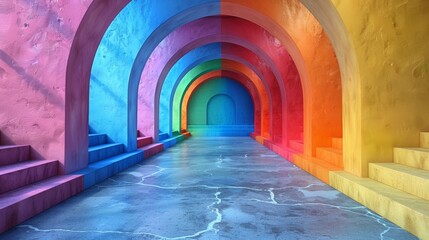 A colorful tunnel with stairs leading to a rainbow colored wall, AI