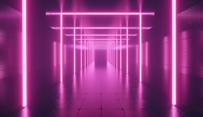 abstract geometric background with neon light square frame in the style of pink and purple colors