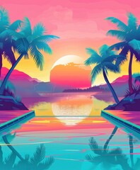  illustration of an ocean with palm trees and mountains in the background, there is an infinity pool leading to crystal clear water.