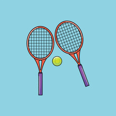 Tennis rackets and ball in vivid colours in outline style. Simple flat design