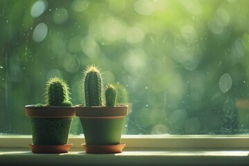 A closeup of three cacti in pots on a windowsill, with sunlight streaming through the window onto them.