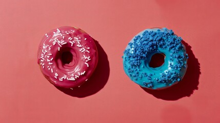 Pink and blue donuts on red background for delicious bakery or food advertisement
