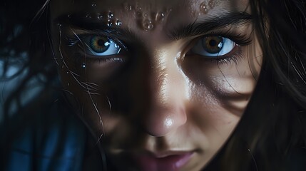 A closeup of a young womans face with water droplets on her skin
