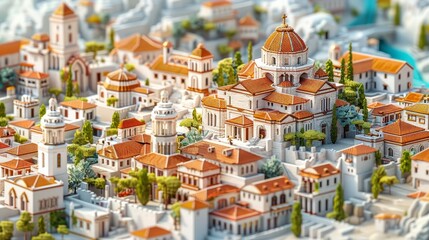 A beautiful ancient Greek city with white buildings and red roofs. The city is located on a hill and there is a large temple at the top.