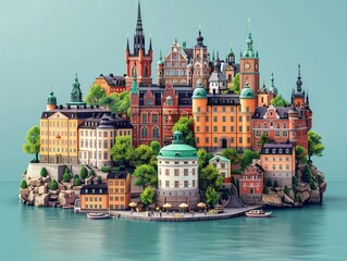 A beautiful European city with colorful buildings and a large body of water. The city is surrounded by trees and there are boats in the water.