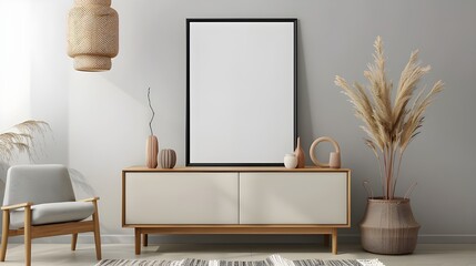 living room interior with wooden sideboard and mock up frame 3D rendering, Poster with sideboard near the wooden wall and the living room interior in beige. Four light devices. Ai generated 