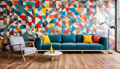 Fototapeta premium Interior of living room with sofa, lamp and colorful wall painting
