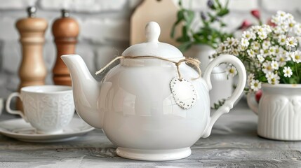   A white teapot atop a table, nearby, a coffee cup, and a plate bearing flowers