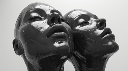 Two black statues with their faces covered in liquid, AI