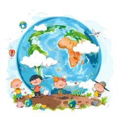 The Earth on white background , color  cartoon illustration . Ecology and environment . AI
