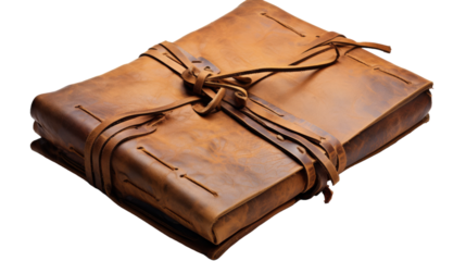 A mystical, weathered brown leather book adorned with a delicate tie, hinting at forgotten secrets within