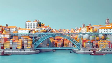 Fototapeta premium A beautiful low poly of Porto, Portugal. The city is full of vibrant colors and the Douro River flows through the middle. The iconic Dom Luis I Bridge is in the foreground.