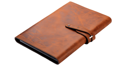 A brown leather notebook rests on a pristine white background