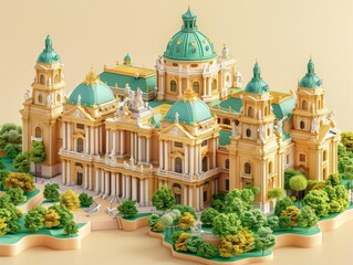 Obraz premium An establishing shot of a grand European-style palace or government building with green and gold accents, surrounded by trees and gardens. The sky is clear and blue.