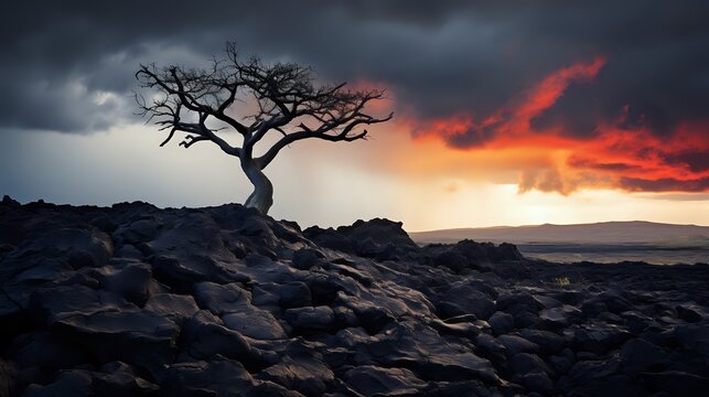 Volcanic Sunset Over Lava Field