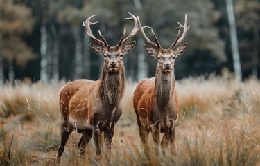  two deer in the forest, one male and one female with antlers on their heads with a grassy field background,