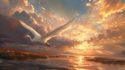 seagull flying over the sunset