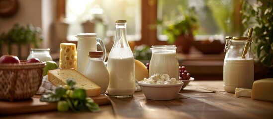 Fototapeta premium Milk products on a table. Generative AI