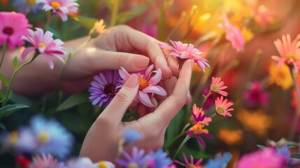 girl hands and fingers with summer and spring flowers