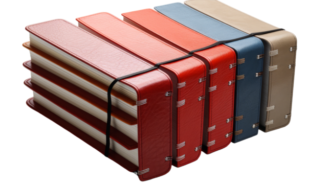 Four red, white, and blue suitcases neatly arranged in a row