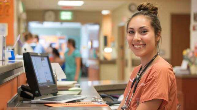 Portrait, nurse and receptionist at hospital on a computer working at her desk or table in an office as a black woman. Medical, healthcare professional or worker smile, happy and excited at work