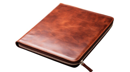 A brown leather book with a zipper, closed and secured, resting on a table