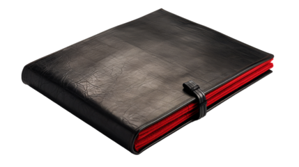 A black and red book with a red strap lying on a wooden table