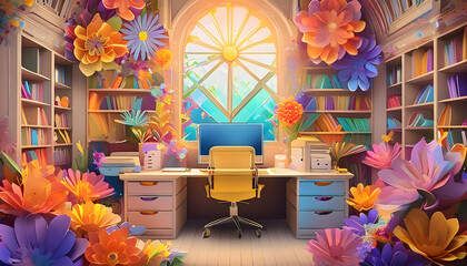 Create a majestic illustrated in a magical office, surrounded by shimmering and colorful on digital art concept, Generative AI.