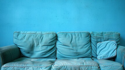   A blue couch faces a blue wall One pillow rests at the bottom of each