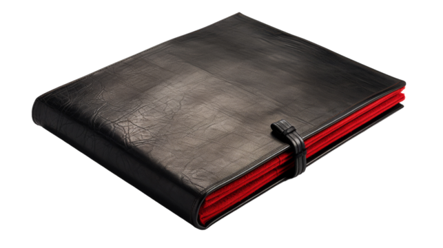 A black and red book with a red strap lying on a wooden table