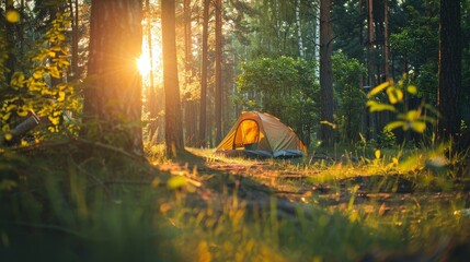 Summer forest camping adventure. enjoying the great outdoors in the woodland wilderness - Powered by Adobe