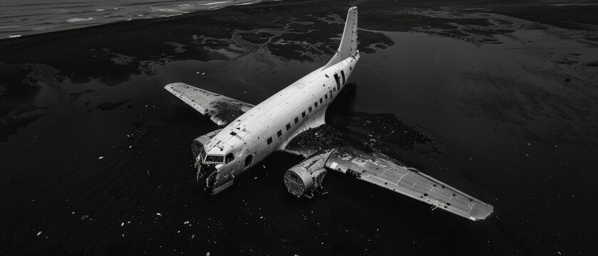 Aerial view of the white plane resting on black sand in Iceland, black and white