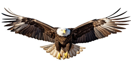 Obraz premium A majestic bald eagle flies through the air with its wings spread wide