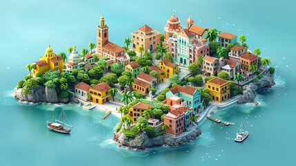 A beautiful Mediterranean island town with colorful buildings, surrounded by the sea and palm trees. The perfect place to relax and enjoy the sun.