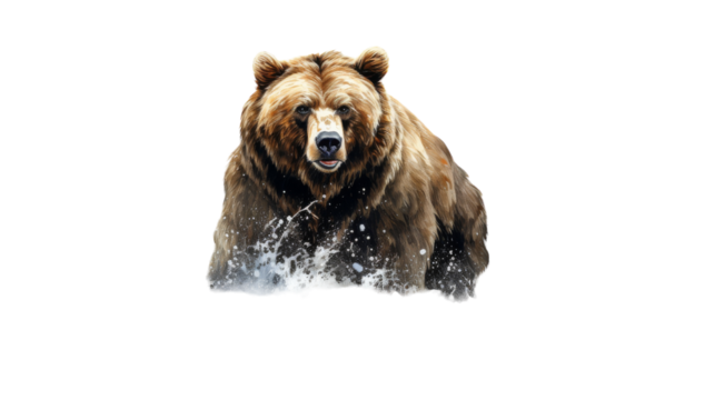 A large brown bear walking across a snow covered field