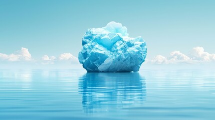   A sizable iceberg floats in the center of a water body, surrounded by clouds in the backdrop - obrazy, fototapety, plakaty