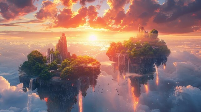 Craft an image depicting a surreal sunset in a fantasy world