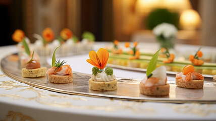 Food, hospitality and room service, starter appetisers as exquisite cuisine in hotel restaurant a...