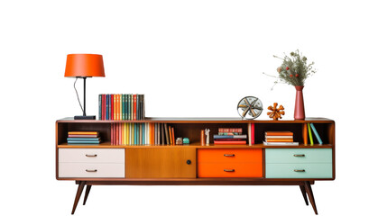 A vibrant, multicolored dresser stands adorned with a glowing lamp on top