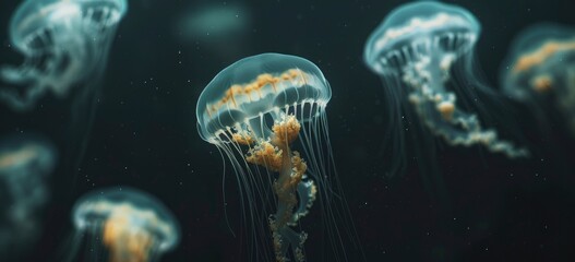 glowing jellyfish in the dark ocean