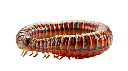 A close-up view of a centipede crawling on a white background