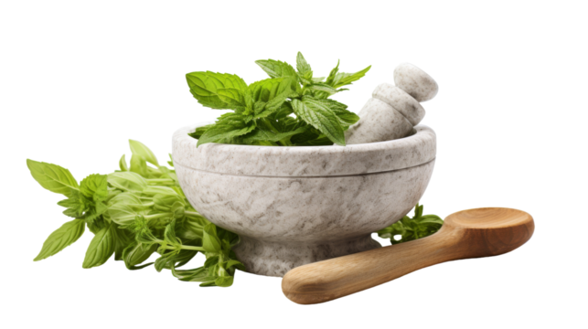 A mortar and pestle sit atop a white background, ready for use in grinding and mixing substances