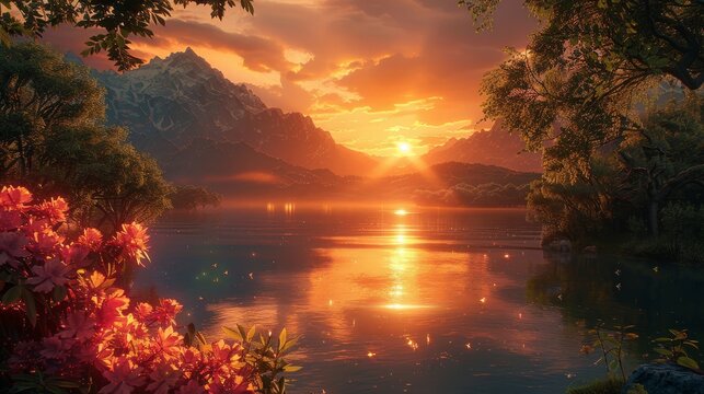 Craft an image depicting an ethereal sunset in a fantasy world