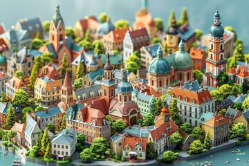 A miniature European city. The buildings are made of different materials and colors. The city is located on a green island. There is a river flowing around the island.