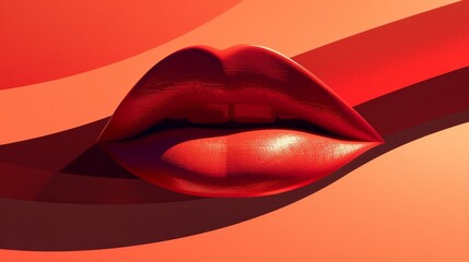   Close-up of women's red-lipsticked mouth against an orange and pink background, adorned with wavy line textures