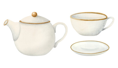 Kitchen teapot, tea cup and small dish set made of white porcelain ceramic watercolor illustration isolated on white. Simple elegant kettle drawing with small saucer plate for English breakfast